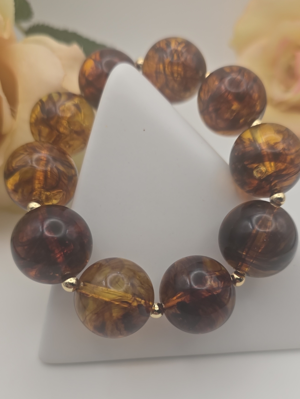 Vintage Tortoise Shell Resin Beaded Bracelet Gold-Tone Accent Chunky Statement